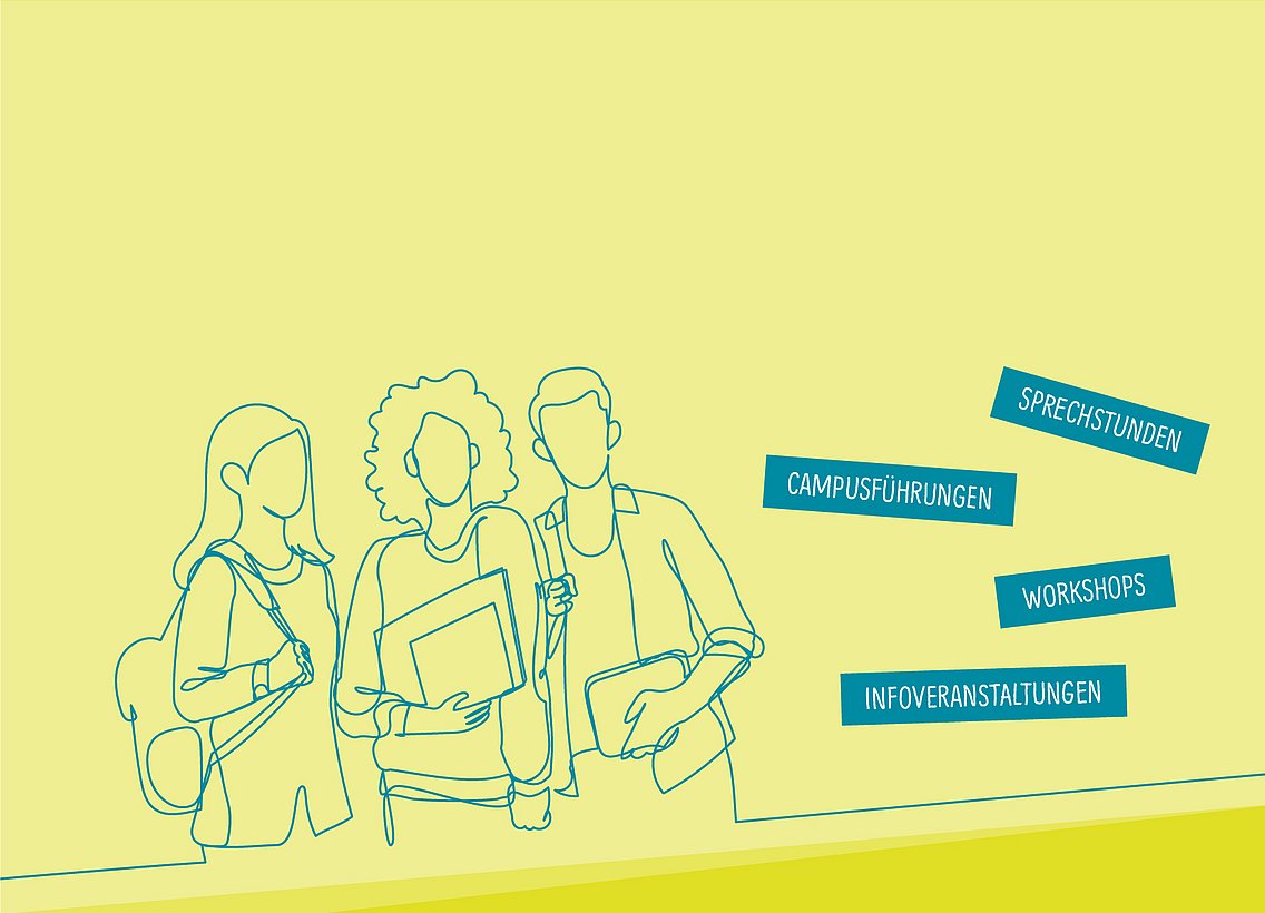 Line-Art: Drei Personen stehen nebeneinander. Die linke Person trägt einen Rucksack, die Person in der Mitte hält einen Hefter, die Person rechts ein Tablet.